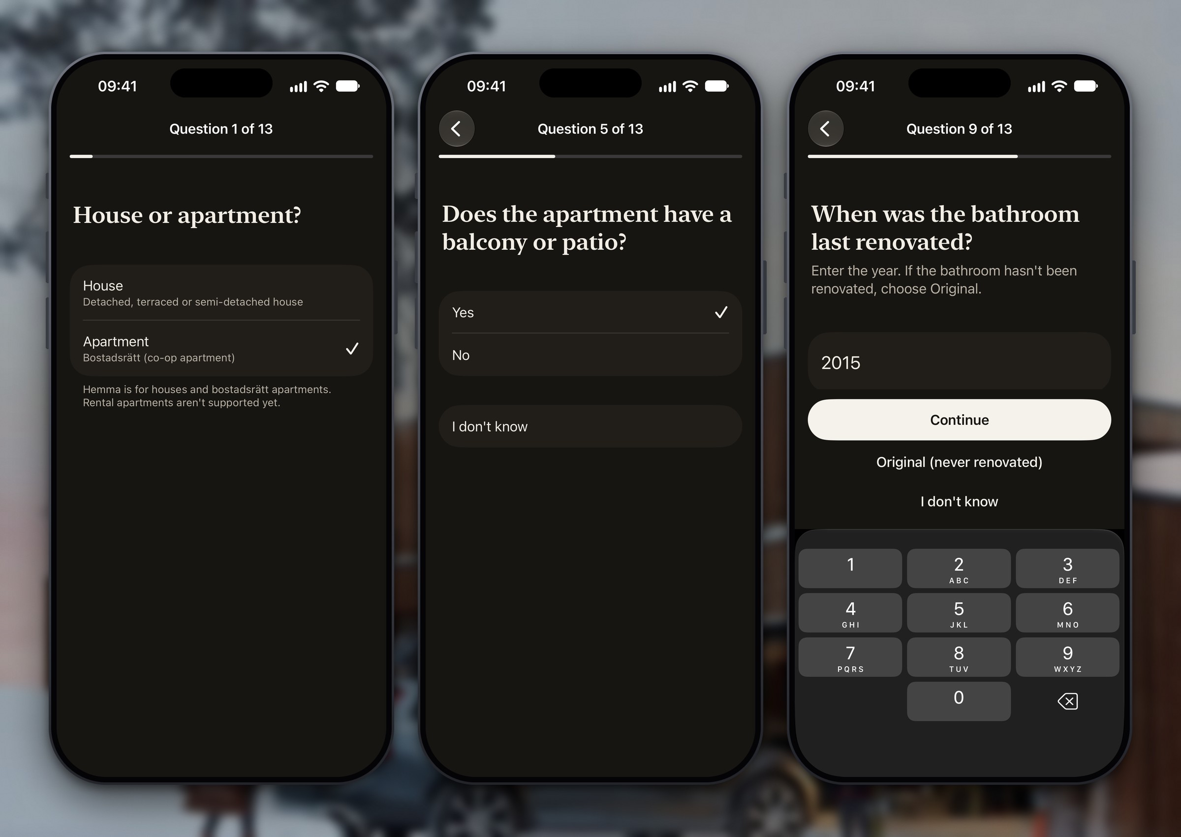 Three setup questions: house or apartment, whether the apartment has a balcony, and when the bathroom was last renovated, each with an I don’t know option where it applies.